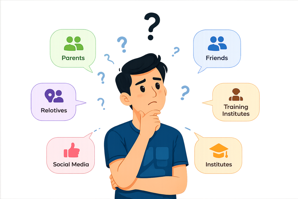 Student confused about choosing the right IT career after receiving advice from parents friends relatives social media and training institutes