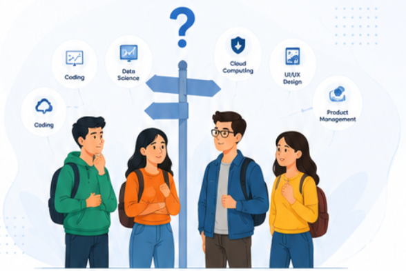 Students exploring different IT career options including coding, data science, cloud computing, UI UX design and product management